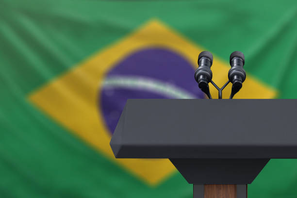 istock Brazil Flag with microphones 1135234079