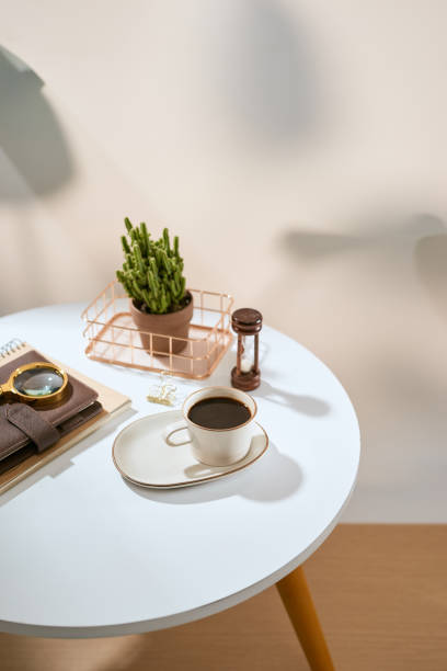 istock Flatlay of home office desk table. Workspace with brown leather notebook and decorations on white background 1135234873