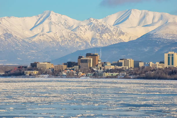 Anchorage Alaska Waterfront Downtown Anchorage, Alaska on the water with mountains in the background. anchorage alaska photos stock pictures, royalty-free photos & images