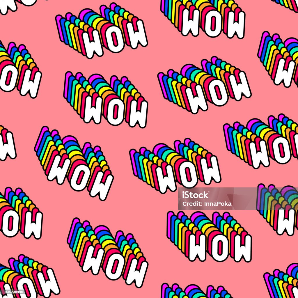 Seamless Pattern With Words Wow Isolated On Coral Red Background Text  Patches Vector Wallpaper Quirky Funny Cartoon Comic Style Of 8090s Stock  Illustration - Download Image Now - iStock