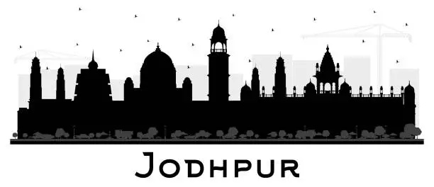 Vector illustration of Jodhpur India City Skyline Silhouette with Black Buildings Isolated on White.