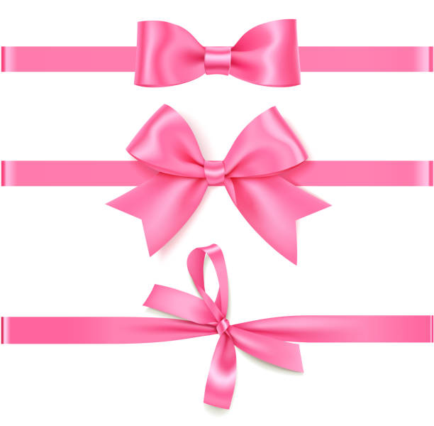 Set of decorative pink bow with horizontal rose ribbon isolated on white for gift decor. vector art illustration