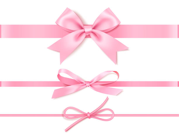Set of decorative pink bow with horizontal pink ribbon for gift decor. Realistic vector bow and ribbon isolated on white. vector art illustration