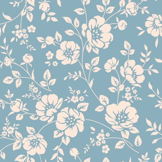 Decorative vintage seamless pattern in classic style with flowers and twigs. Floral ornament with white peony silhouette on blue background vector art illustration