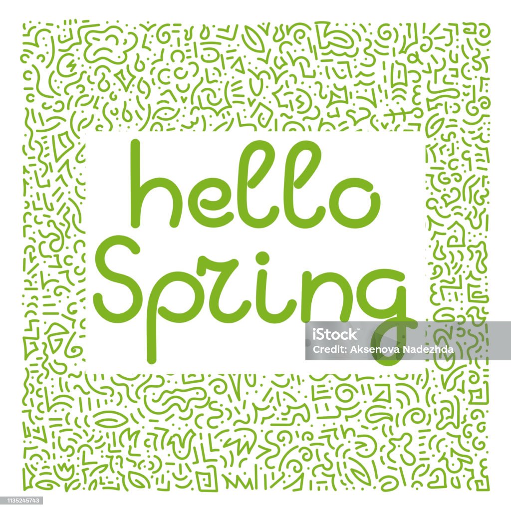 Hello Spring Doodle Hand Drawing Background Flowers Leaves Stock ...