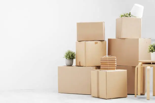 Moving to a new home. Belongings in cardboard boxes, books and green plants in pots stand on the gray floor against the background of a white wall. Concept relocation.