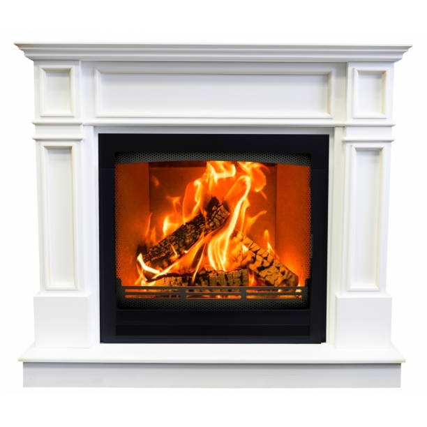 istock Burning white fireplace isolated on white background 1135249055