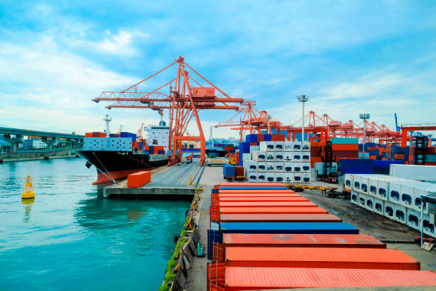 Busan port at South Korea : container loading port to cargo ship stock photo