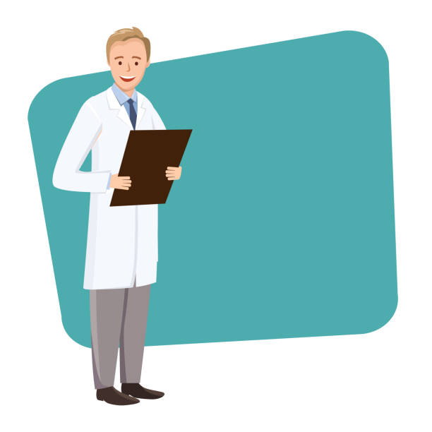 doctor with a folder in hand on a green rectangle Young doctor speaking at the conference. A doctor with a folder in hand on a green rectangle. Vector illustration medic in flat style. Dr. man, one in full growth. cartoon of medical records stock illustrations