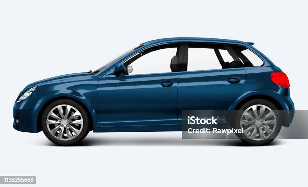 Blue Hatchback Car Stock Photo - Download Image Now - Car, Side View, White Background