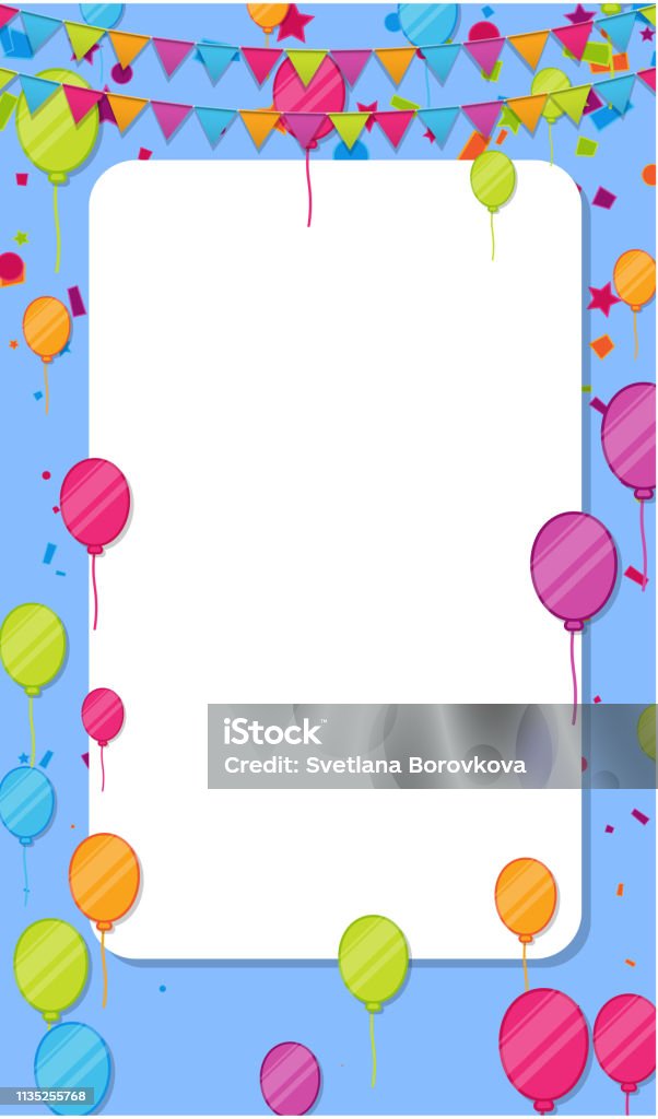 Blue Festive Background With White Frame Colorful Flags Balloons And  Confetti Design For Kids In Cartoon Style Stock Illustration - Download  Image Now - iStock