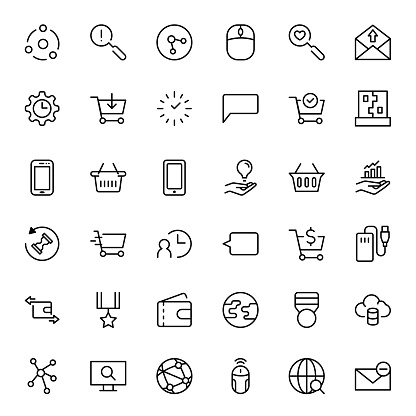 Seo marketing flat icon set. Single high quality outline symbol of info for web design or mobile app. Thin line signs for design logo, visit card, etc. Outline logo of seo marketing