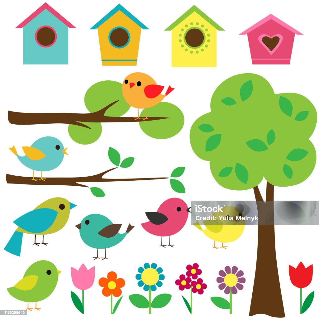 Set of birds Set birds with birdhouses, trees and flowers. Springtime stock vector