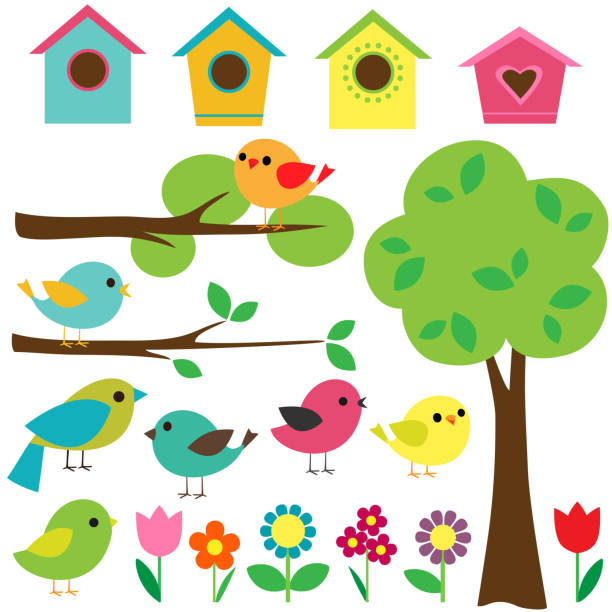 Set of birds Set birds with birdhouses, trees and flowers. spring clipart stock illustrations