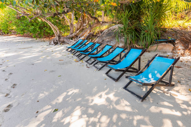 istock Row blue sunbed on the beach in island 1135259528