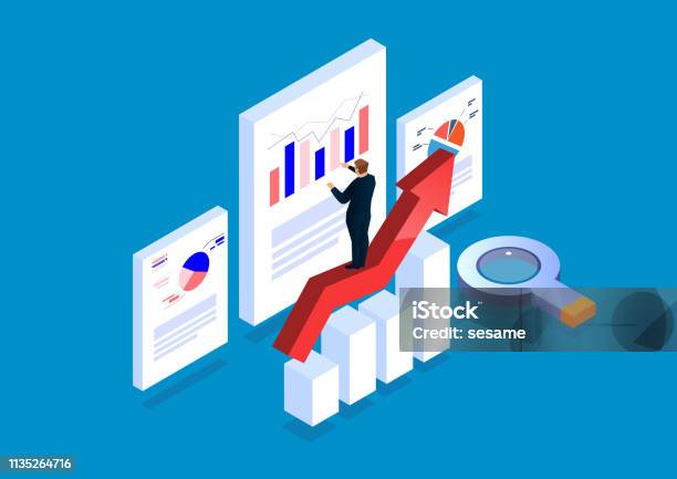 Businessman Standing On Arrow Analyzing Page Data Stock Illustration - Download Image Now - Isometric Projection, Business, Growth