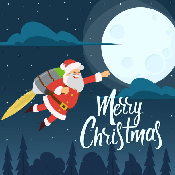 illustrazioni stock, clip art, cartoni animati e icone di tendenza di babbo natale vola su jetpack - greeting card cards blank greeting