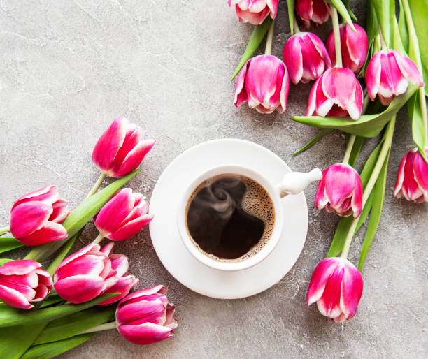 istock Cup of coffee and tulips 1135265334