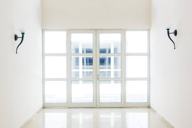 Empty room with glass window frame house interior on concrete wall