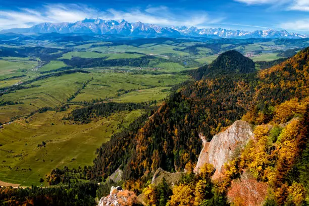 Aerial view from the Pieniny mountains to the Tatras, Poland