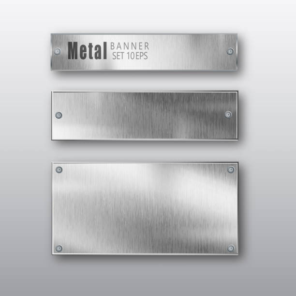 ilustrações de stock, clip art, desenhos animados e ícones de metal banners horizontal set realistic. vector metal brushed plates with a place for inscriptions isolated on transparent background. realistic 3d design. stainless steel background. - backgrounds dirty metal industry