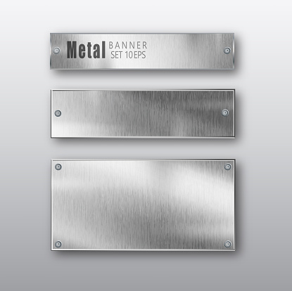 Metal banners horizontal set realistic. Vector Metal brushed plates with a place for inscriptions isolated on transparent background. Realistic 3D design. Stainless steel background