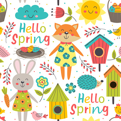 funny spring seamless pattern with cute animals - vector illustration, eps