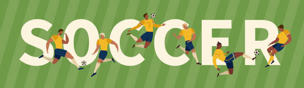 Soccer Players Kicking Ball and goalkeepers. Set Collection of different poses. vector art illustration