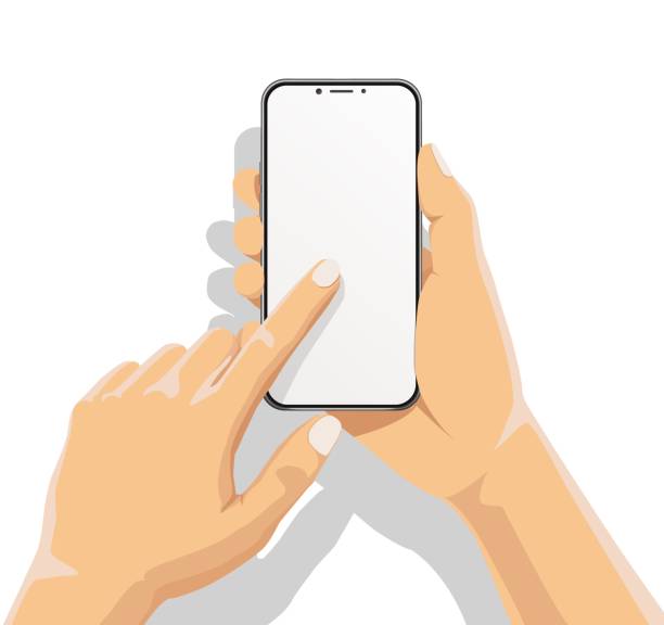Businessman hand holding smartphone and finger touch on blank white screen on white background with shadow. Human using mobile phone, Vector illustration flat cartoon design concept. Businessman hand holding smartphone and finger touch on blank white screen on white background with shadow. Human using mobile phone, Vector illustration flat cartoon design concept. hand holding phone stock illustrations