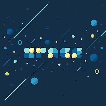 Flat concept of fantasy galaxy in huge universe. Modern poster with space lettering and planets and stars background