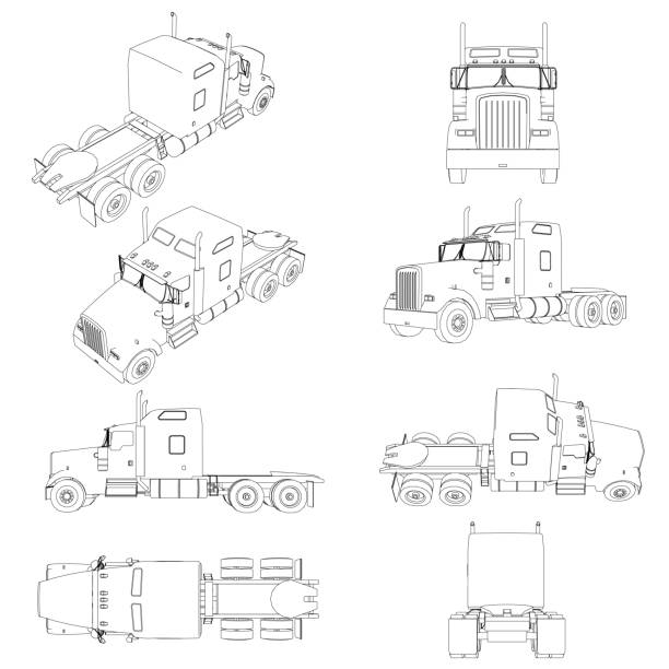 illustrations, cliparts, dessins animés et icônes de définir avec les contours du camion sans remorque dans des positions différentes. le contour de l'avant du camion, côté, vue arrière, isométrique. illustration vectorielle - isometric truck traffic semi truck