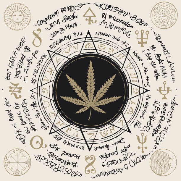banner for legalize marijuana with cannabis leaf Vector banner for Legalize marijuana with cannabis leaf, magical inscriptions and symbols on abstract background of illegible manuscript. Natural product made from organic hemp. Smoking weed drawing of a shape octagon stock illustrations