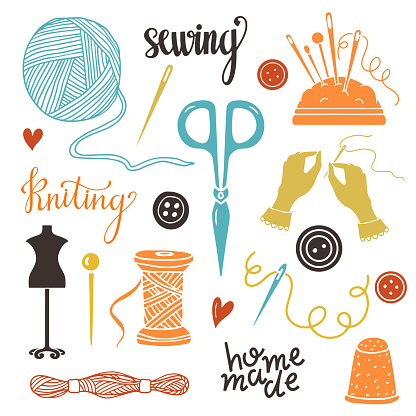 Arts and crafts sewing hand drawn supplies, tools, design elements, icons set isolated on white background