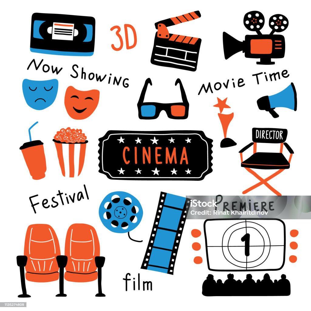 Cinema Cute Symbols Set With Ink Lettering Movie Time And 3d Glasses  Popcorn Clapperboard Ticket Screen Camera Film Chairs Funny Doodle Hand  Drawn Cartoon Vector Illustration Isolated On White Stock Illustration -