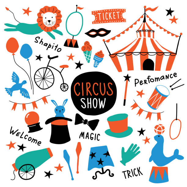 Circus cute symbols set. Shapito show with tent, animals, acrobat and magician equipment, performance elements. Funny doodle hand drawn cartoon vector illustration. Isolated on white. Circus cute symbols set. Shapito show with tent, animals, acrobat and magician equipment, performance elements. Funny doodle hand drawn cartoon vector illustration. Isolated on white. circus tent illustrations stock illustrations