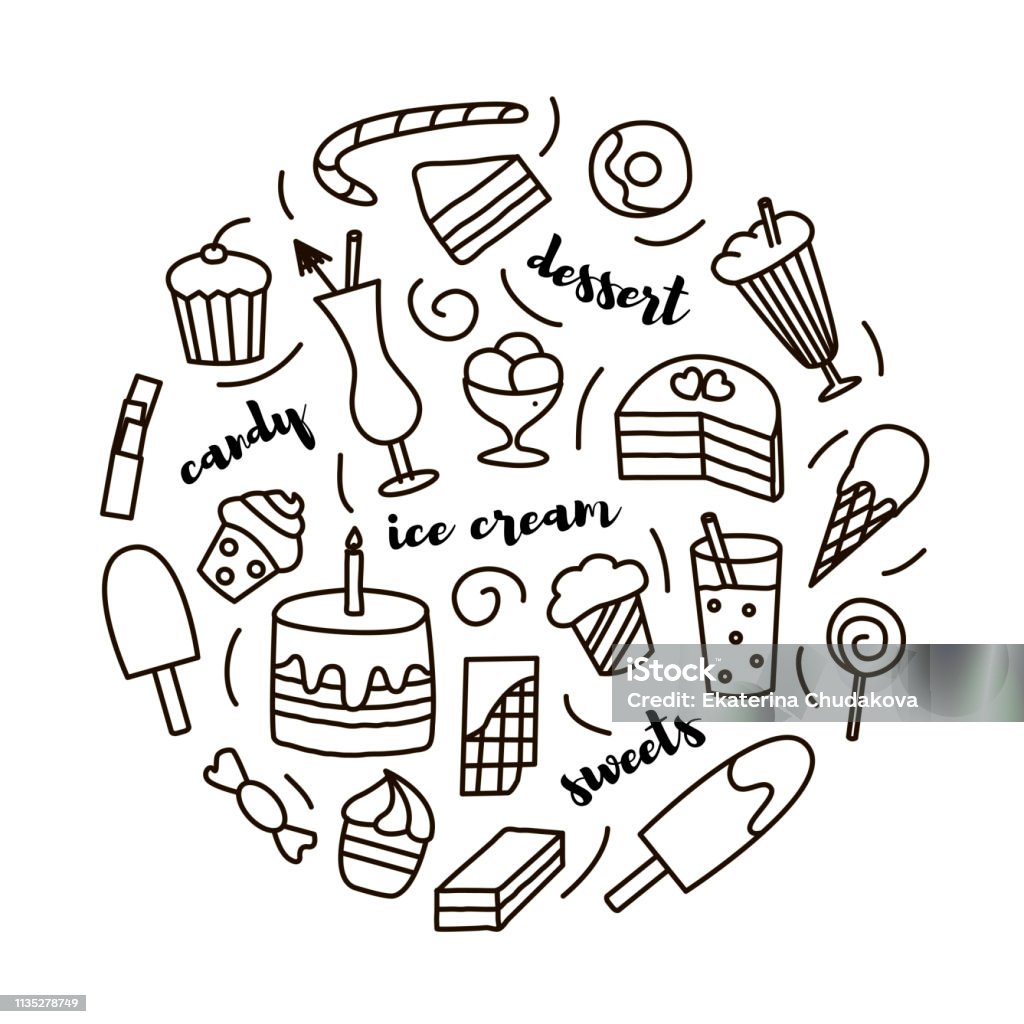 Set with hand drawn sweets in doodle style and lettering. Suitable for icons, templates, cafe and coffee shop menu. Apple - Fruit stock vector