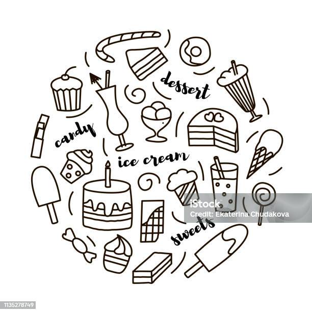 Set With Hand Drawn Sweets In Doodle Style And Lettering Suitable For Icons Templates Cafe And Coffee Shop Menu Stock Illustration - Download Image Now