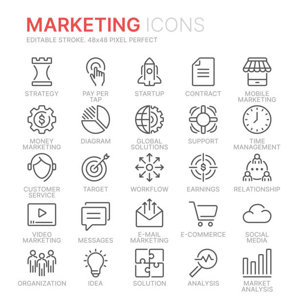 ilustrações de stock, clip art, desenhos animados e ícones de collection of marketing line icons. 48x48 pixel perfect. editable stroke - advertise