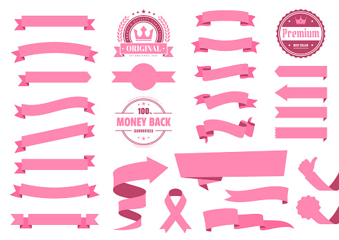 Set of Pink ribbons, banners, badges and labels, isolated on a blank background. Elements for your design, with space for your text. Vector Illustration (EPS10, well layered and grouped). Easy to edit, manipulate, resize or colorize. Please do not hesitate to contact me if you have any questions, or need to customise the illustration. http://www.istockphoto.com/portfolio/bgblue