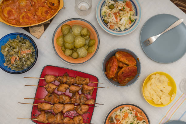 istock Flat lay, dining table, side dish, kebabs, steak, frame, grill, health, barbecue, grill, rustic, served, snack, space 1135279417