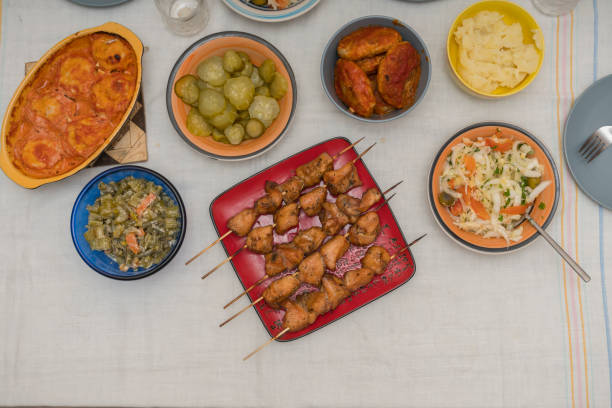 istock Flat lay, dining table, side dish, kebabs, steak, frame, grill, health, barbecue, grill, rustic, served, snack, space 1135279462