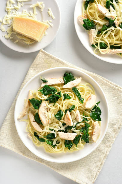 istock Spaghetti with spinach leaves, slices grilled chicken breast and grated cheese 1135279547