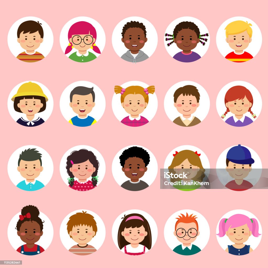 Sada dětských tváří, avatarů, dětí vede jinou národnost v plochém stylu. - Bez autorských poplatků Dítě - Lidský věk vektorové obrázky Sada dětských tváří, avatarů, dětí vede jinou národnost v plochém stylu. - Bez autorských poplatků Dítě - Lidský věk vektorové obrázky