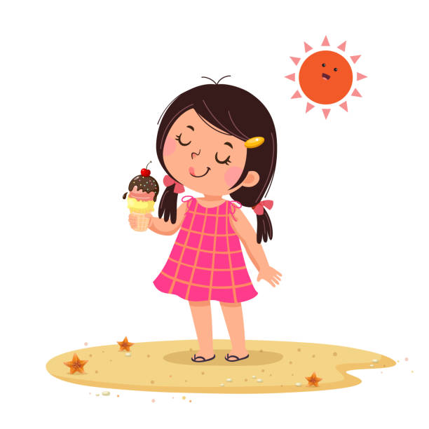 ilustraciones, imágenes clip art, dibujos animados e iconos de stock de linda niña sintiéndose feliz con su helado. - eating