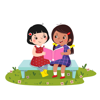 Vector illustration of  two little girls sitting on the bench and reading book together.