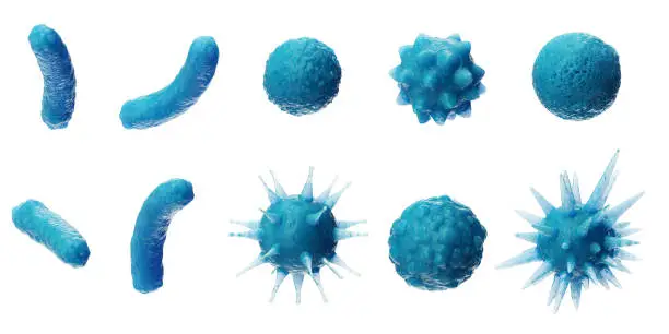 Photo of Abstract background virus. Set of virus. Virus icon set. Virus isolated on white background. Colorful bacteria, microbes fungi. Pathogenic viruses that cause harm to a living organism. 3D Illustration