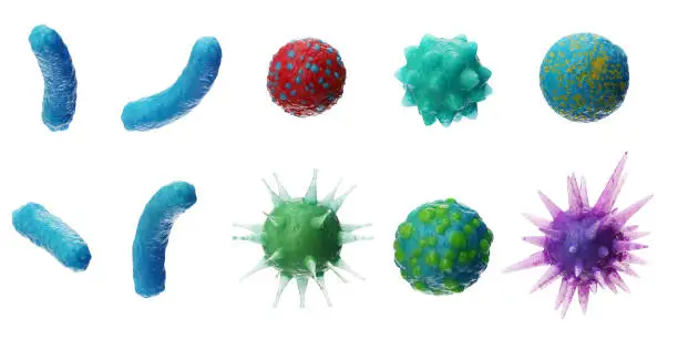 Abstract background virus. Set of virus. Virus icon set. Virus isolated on white background. Colorful bacteria, microbes fungi. Pathogenic viruses that cause harm to a living organism, 3D Illustration