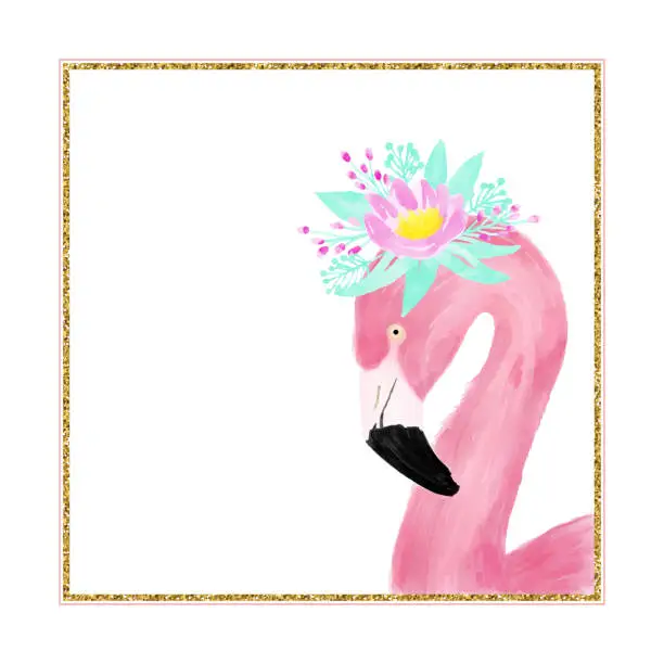 Vector illustration of Watercolor Pink Flamingo Wearing a Fresh Spring Flower Crown, Portrait, Side View. Tropical Exotic Bird Background, Tropical Summer Concept, Design Element. Glitter Frame with Flamingo Greeting Card.