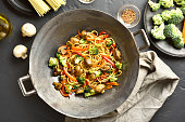 Udon stir-fry noodles with vegetables in wok pan