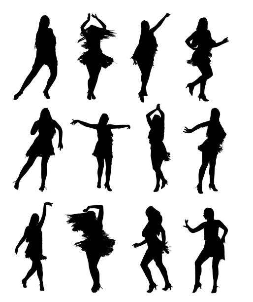 ilustraciones, imágenes clip art, dibujos animados e iconos de stock de juego de siluetas profesionales de mujeres latinas bailarina en movimiento - samba dancing